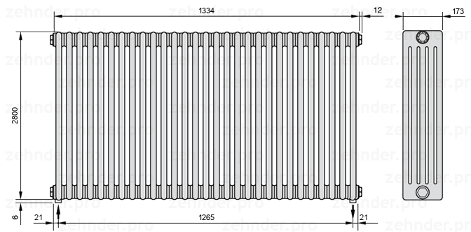 Схема (чертеж) Радиатор Zehnder Charleston 5280/29 №5310 Белый глянцевый RAL 9016